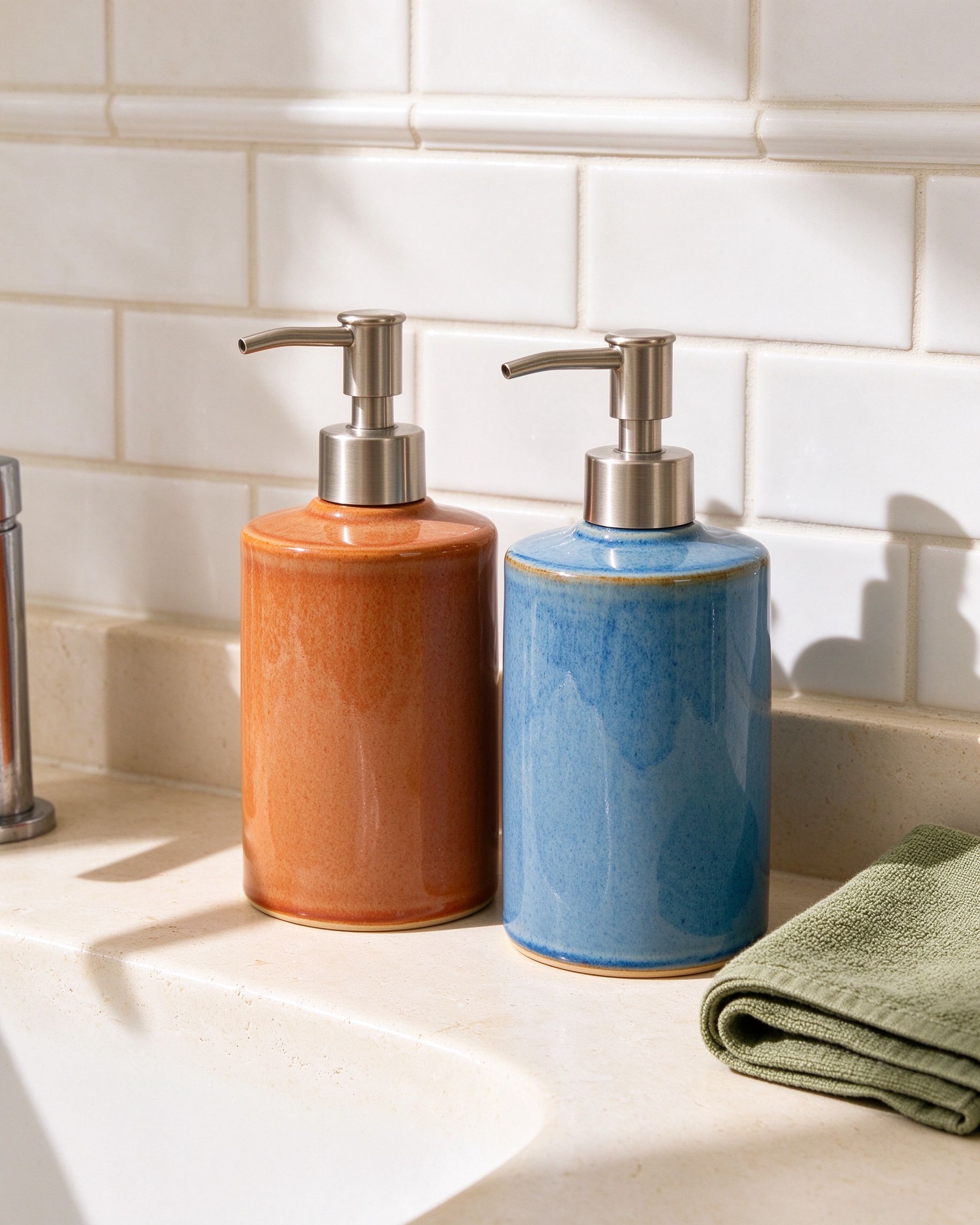Terracotta and azure ceramic soap dispensers on bathroom counter