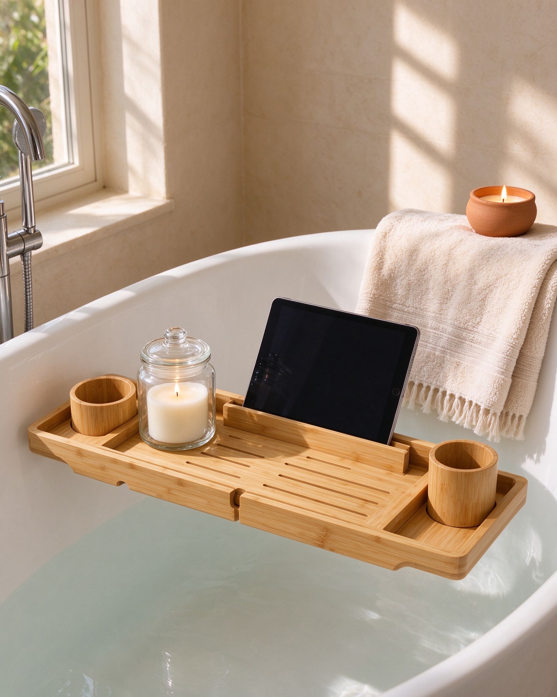 Bamboo bath caddy tray across a white freestanding bathtub