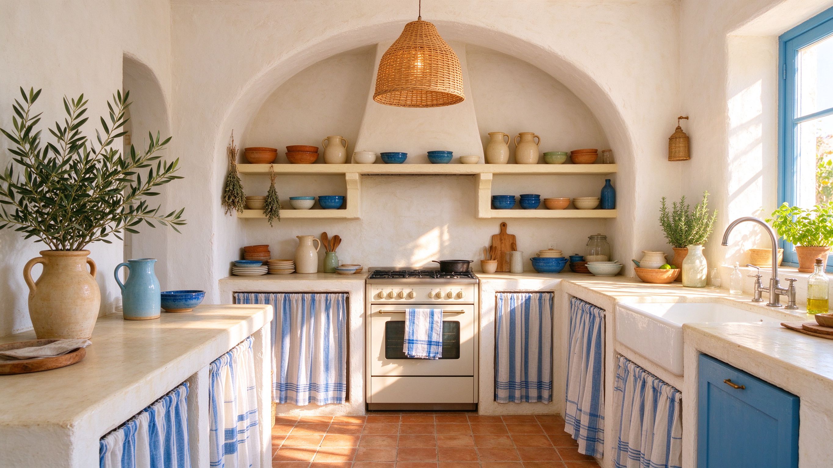 Sunlit Mediterranean kitchen with arched shelves, ceramics and rattan pendant