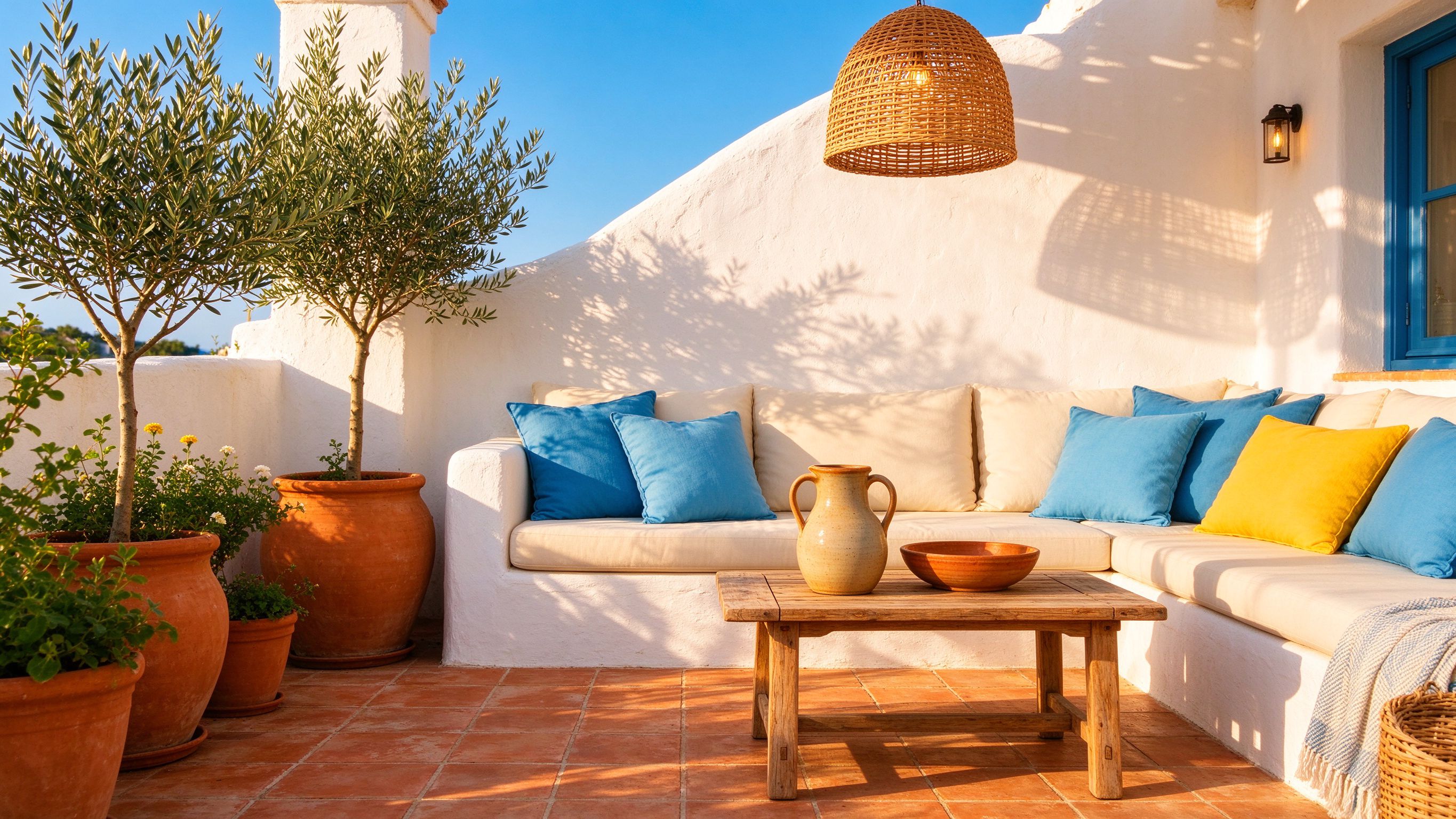 Sun-drenched Mediterranean patio with terracotta pots, azure cushions and rattan pendant light