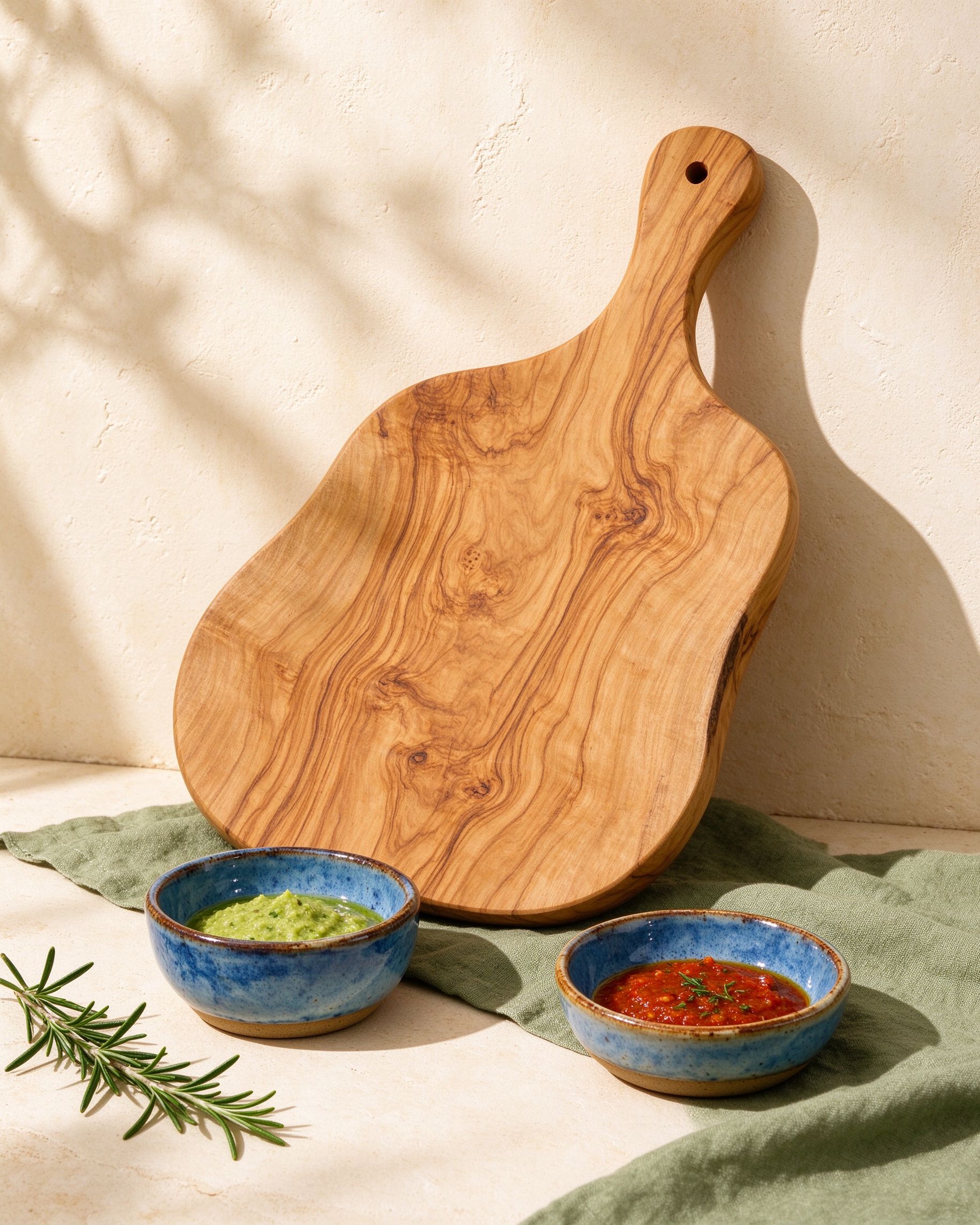Olive wood serving board with two azure ceramic dip bowls