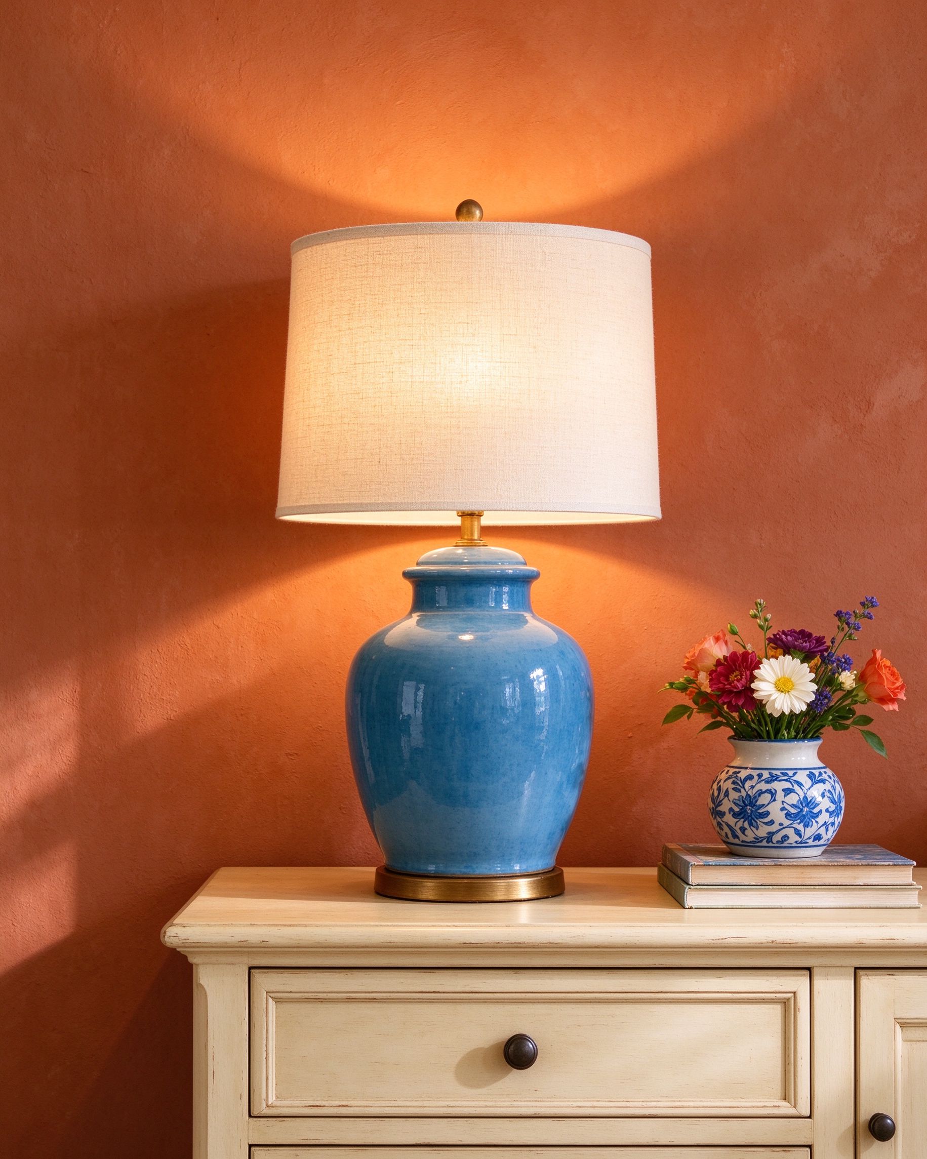 Azure ceramic table lamp with cream linen drum shade
