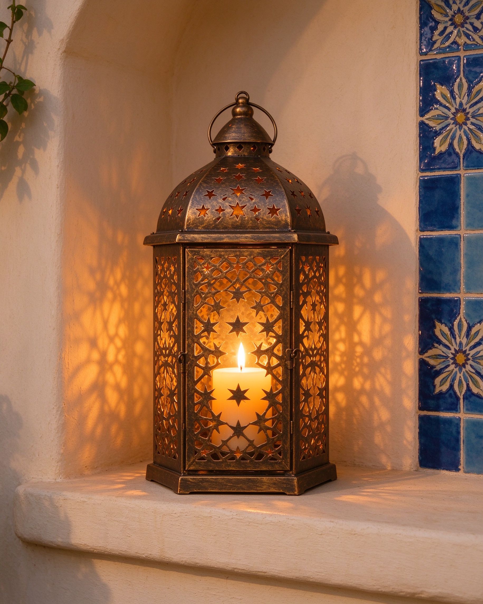 Moroccan-style metal lantern with cut-out star pattern glowing