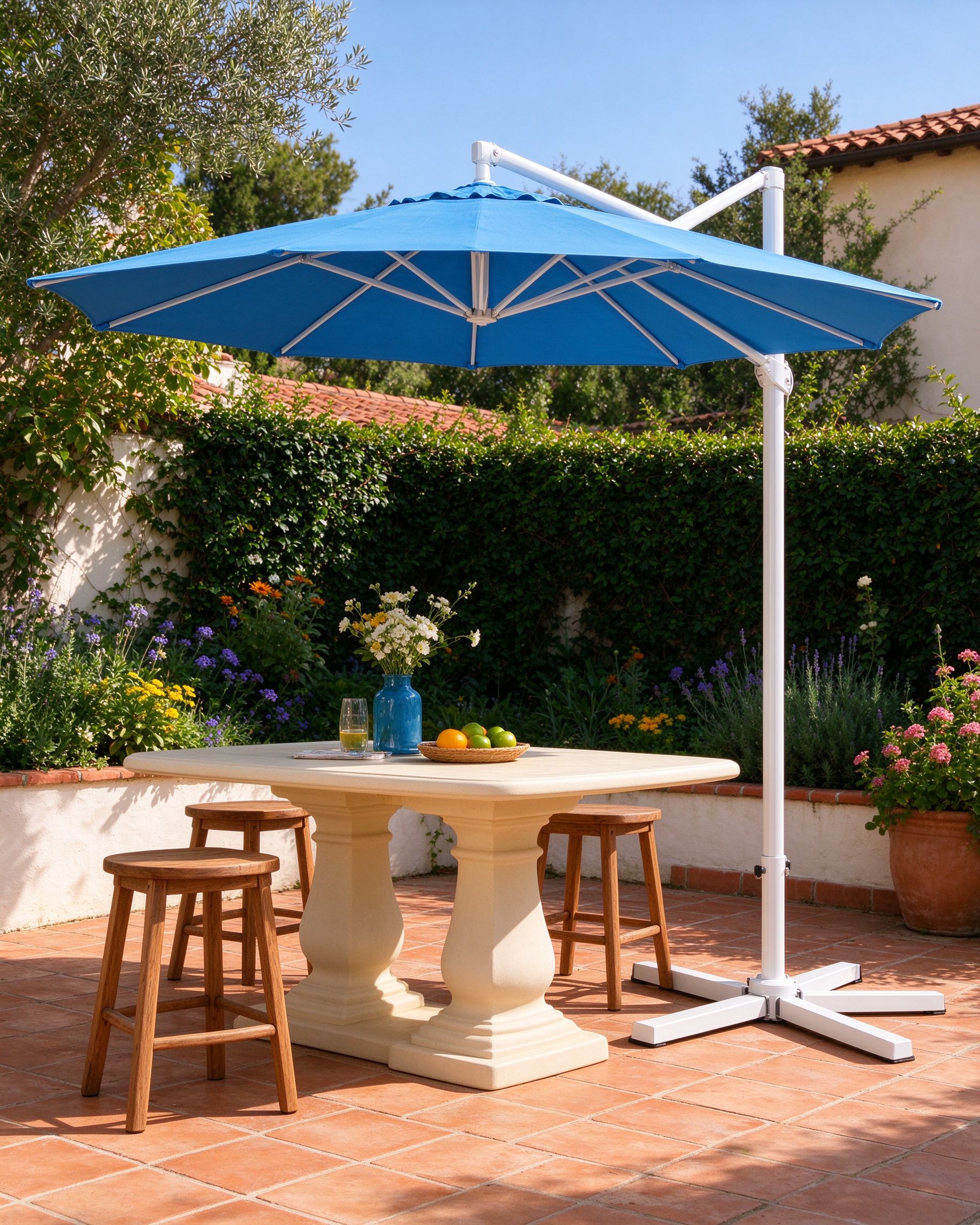 Azure cantilever patio umbrella over garden table