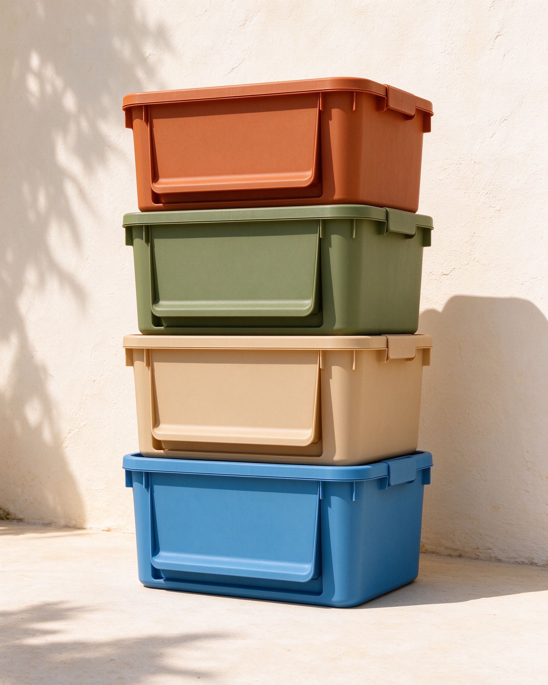 Four stackable modular storage bins in terracotta, olive, sand and azure