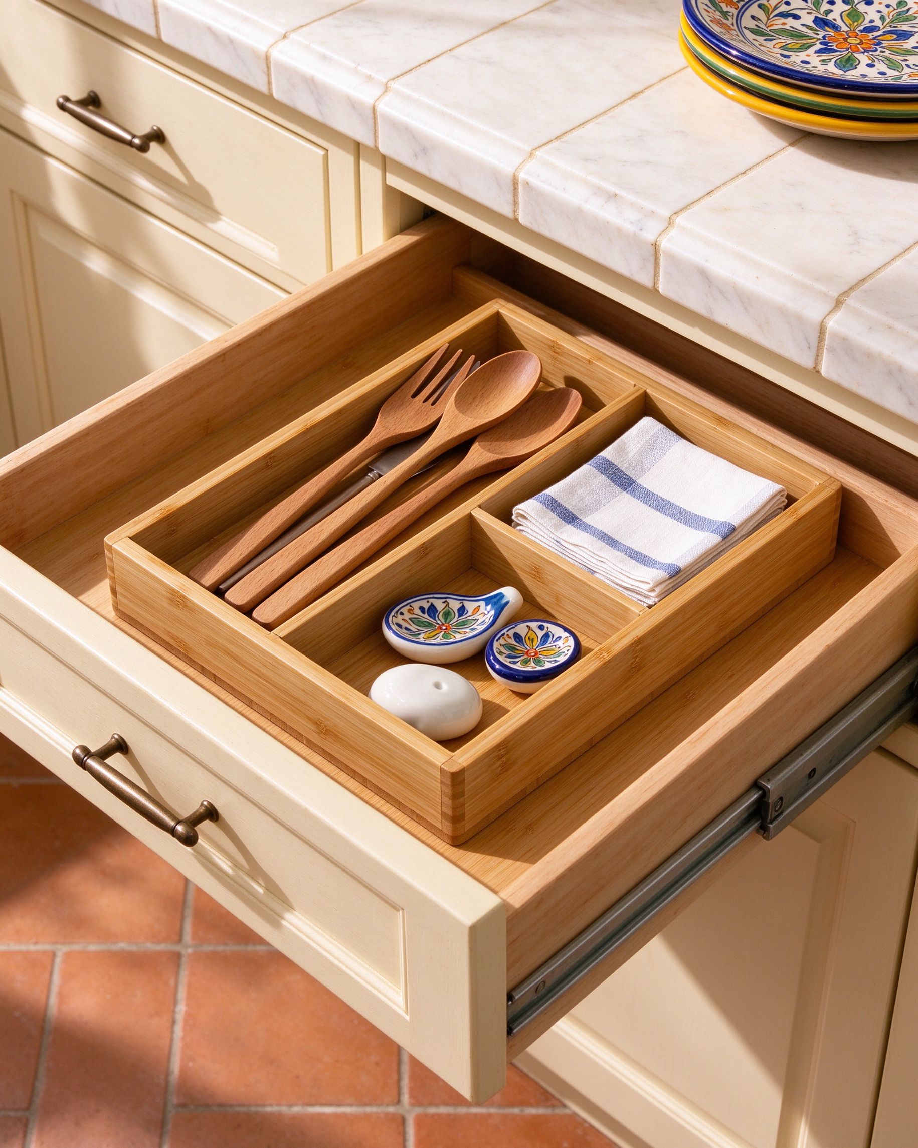Bamboo drawer organizer with wooden cutlery and folded linens in open drawer